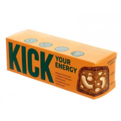 Батончик Кешью с Какао и Маслом апельсина к карамельном шоколаде 45 гр KICK